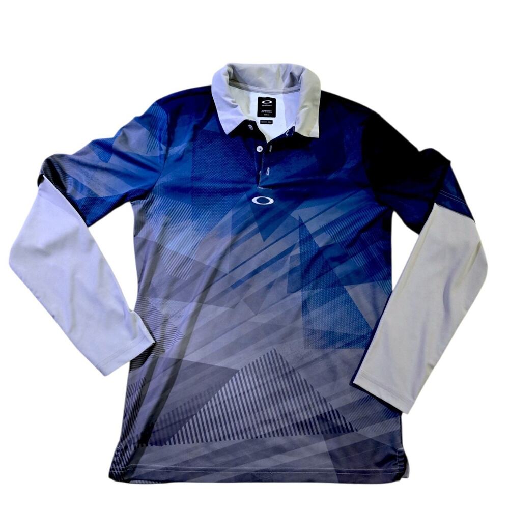 Oakley Graphic Golf Polo Mens Long Sleeve Shirt Size XS Grey Blue Geometric